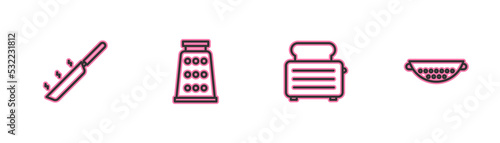 Set line Frying pan, Toaster with toasts, Grater and Kitchen colander icon. Vector