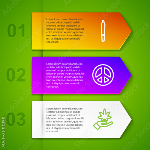 Set line Marijuana joint, Peace, or cannabis leaf and heart. Business infographic template. Vector
