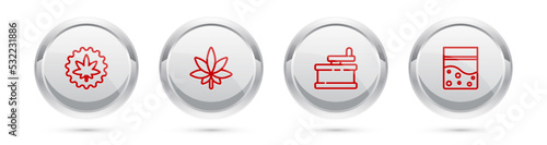 Set line Marijuana or cannabis leaf, , Manual grinder and Plastic bag of. Silver circle button. Vector