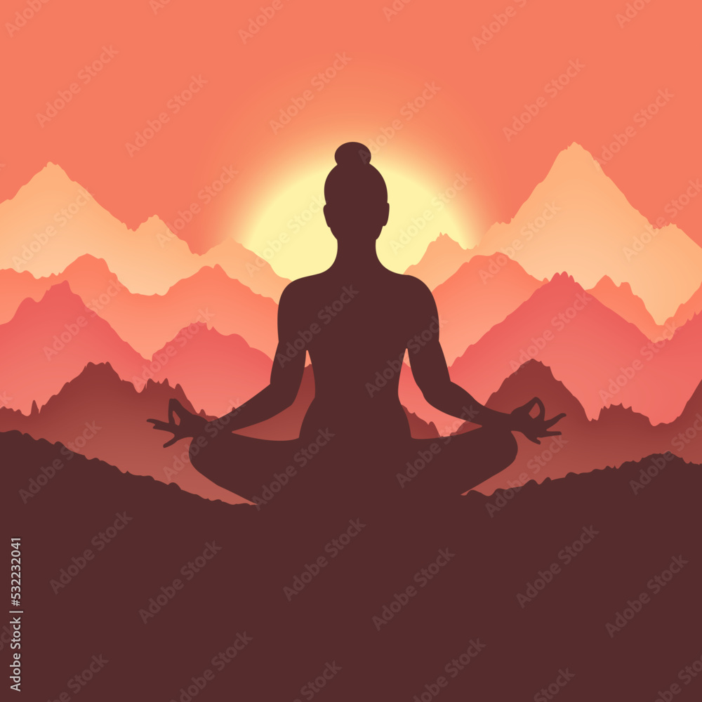 Silhouette of a woman meditating in the mountains at sunrise	