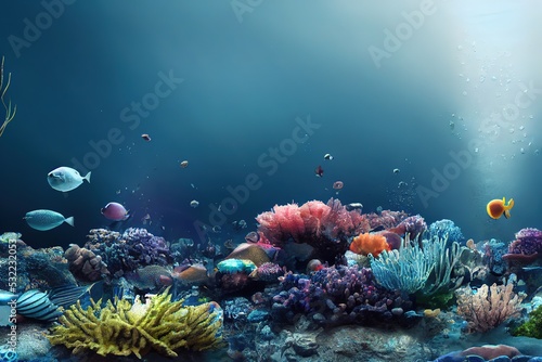 Wonderful and beautiful underwater world with corals and tropical fish. 3d render  Raster illustration.