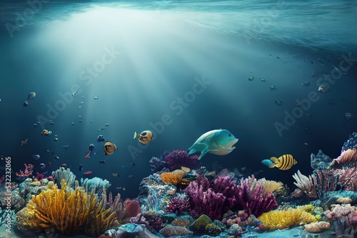 Wonderful and beautiful underwater world with corals and tropical fish. 3d render, Raster illustration. © Яна Деменишина