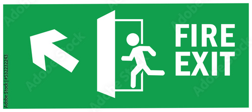 emergency fire exit sign. running man icon to door. green color. arrow vector. warning sign plate