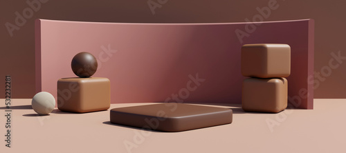 Wallpaper Mural Display podium with abstract objects. Stand to show products. Stage showcase with copy space. Pedestal display. Banner size. Website cover template. 3D rendering. Torontodigital.ca