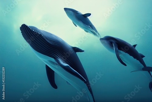 Killer whales swim on the surface. 3d render  Raster illustration.