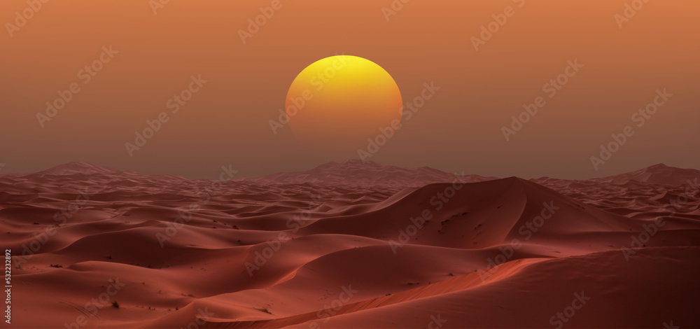 Beautiful sand dunes in the Sahara desert at sunrise - Sahara, Morocco - obrazy, fototapety, plakaty 