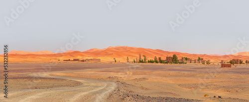 General view of the Merzouga hotels district - Merzouga, Sahara, Morocco