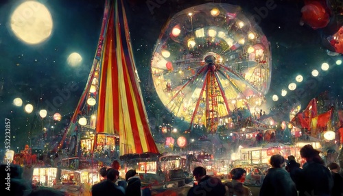 Digitally created artwork of a carnival or state fair from the 1960s. Rides, shows, shops, etc photo