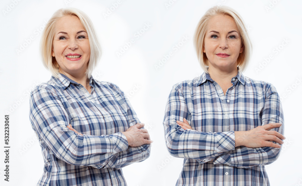 Attractive middle aged woman with folded arms on white background Attractive middle aged woman with folded arms on white background