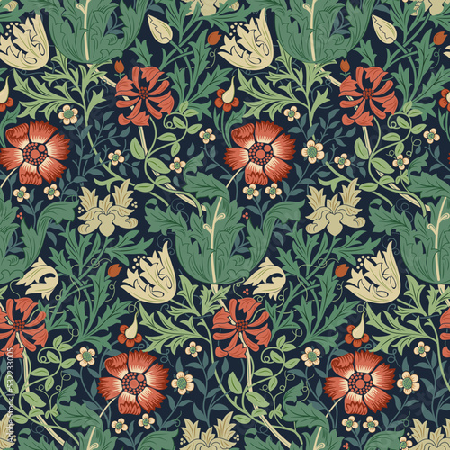 Floral seamless pattern with red flowers on dark background. Vector illustration.