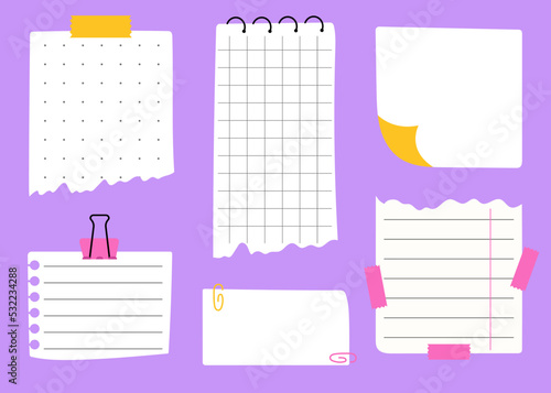 Set of hand drawn paper notes templates for checklists or to do lists. Notebook sheets with paperclip and sticky tape on purple background.