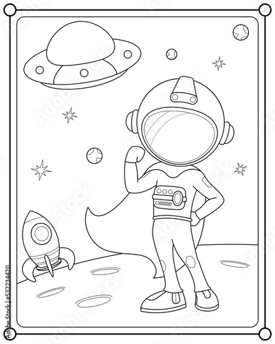Astronaut superhero flying in space suitable for children's coloring page vector illustration