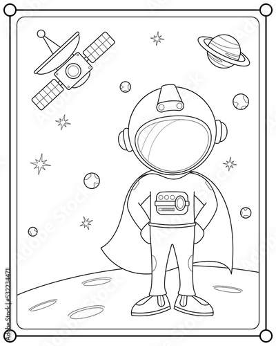 Astronaut superhero in space suitable for children's coloring page vector illustration
