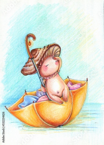 The illustration is drawn with colored pencils. An amazing journey by sea. The mushroom floats on an orange umbrella. Cottagecore in drawing style. Picture for printing prints, postcards, etc.