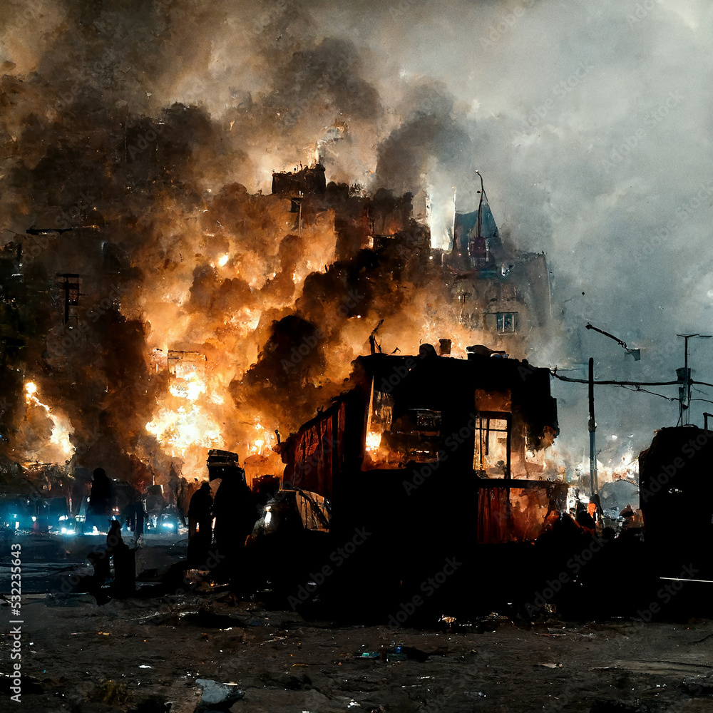 Conceptual digital illustration of a fire disaster in a city