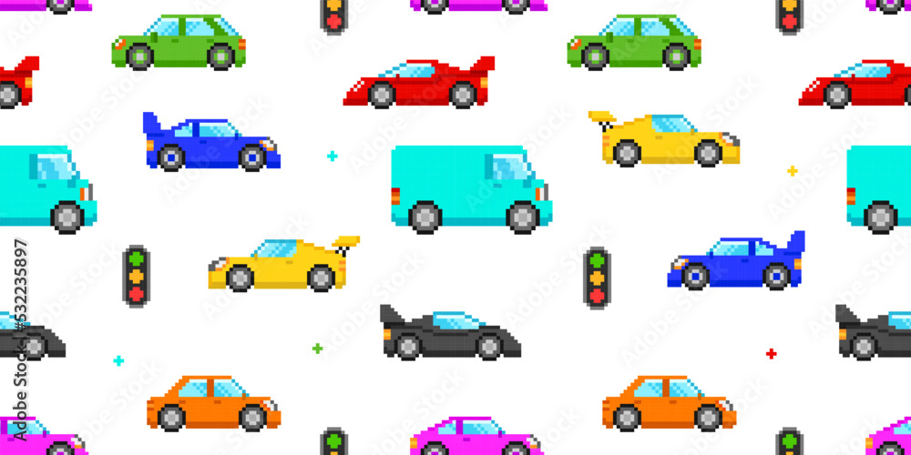 Pixel Art Cars seamless pattern. 8-bit game style pixel graphics city transport. Puxel transport background. Editable pixel Racing Cars. Isolated vector illustration
