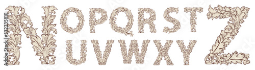 vintage font alphabet in baroque style. floral set of capital le
