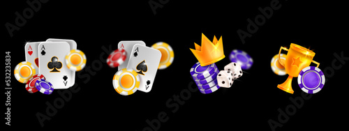 Casino poker 3D vector icon set, Vegas tournament banner, ace playing card, flying gambling chips. Online blackjack lucky illustration, realistic Texas Holdem badge. Casino poker UI clipart on white