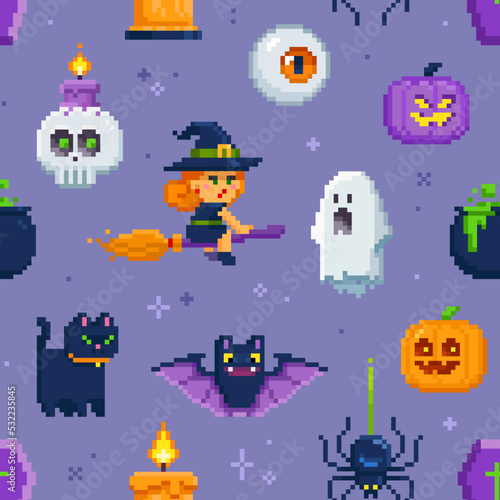 Pixel art purple Halloween seamless pattern. 8-bit witch, ghost, pumpkin, bat, night cat and other characters in retro computer game style. Cute endless cartoon background for Halloween design © VRTX