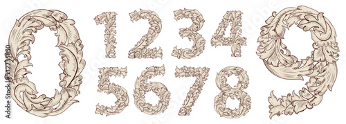 vintage font alphabet in baroque style. floral set of numbers wi