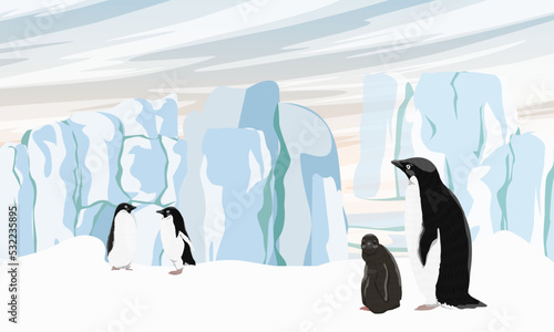 A flock of Ad  lie penguins on the ocean near a large glacier. Birds of the South Poles. Realistic vector landscape