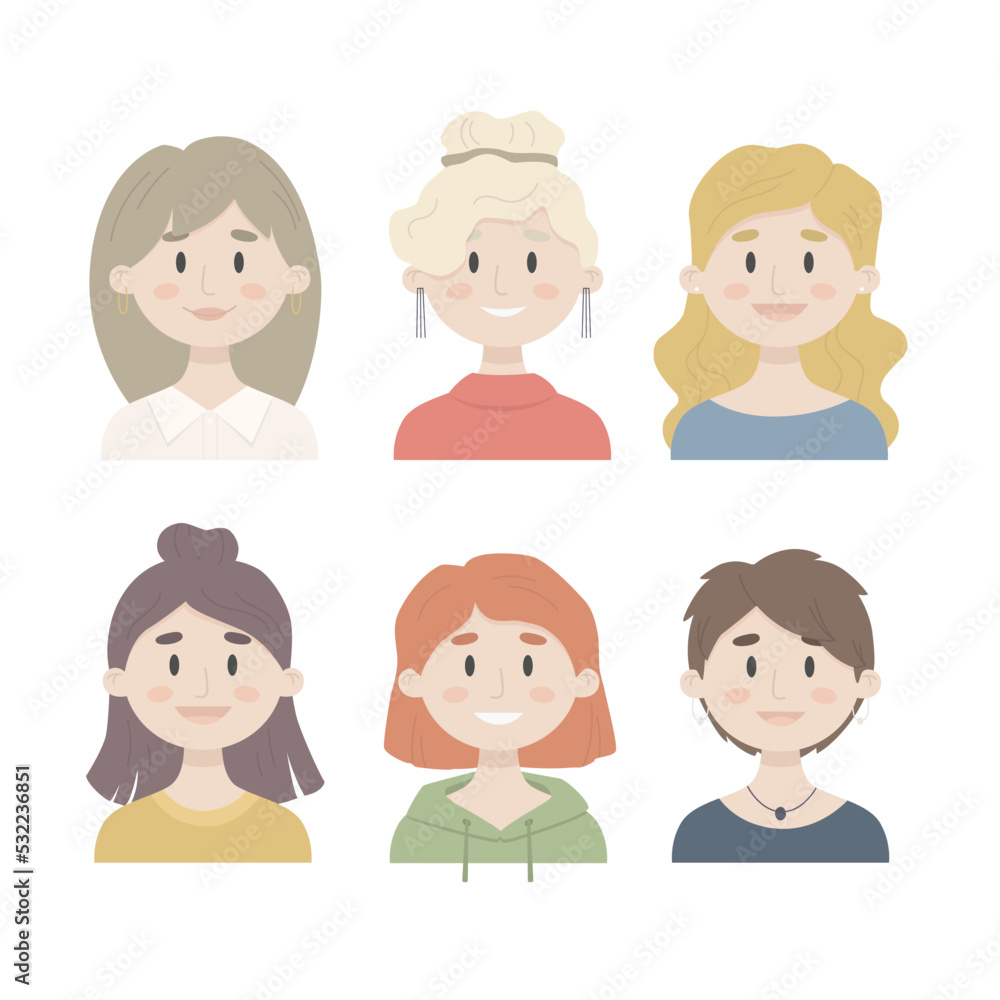 Set of female avatars. Girl icons are in flat style. Portraits of women. Vector illustration Set of female avatars. Girl icons are in flat style. Portraits of women. Vector illustration