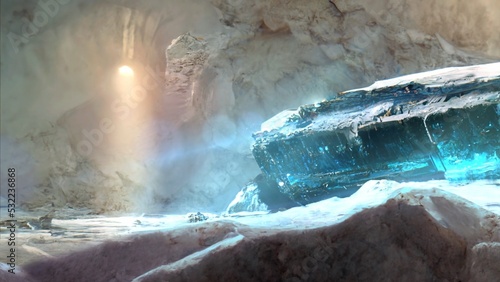 A UFO is hidden deep in an ice cave in Antarctica. The ufo is ancient and looks like it crashed landed. Hidden beneath the ice shelf. 3D rendered image