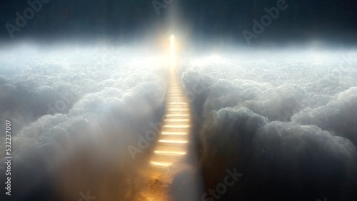 Fotografie, Tablou Steps to Heaven, a golden staircase in the clouds leads to the gates of Heaven