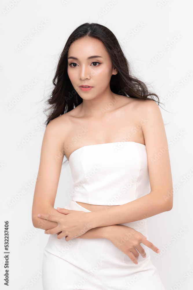 Portrait of Attractive Beauty Asian Women in Fashion Posing with Smiling Face Wearing White Dress on White Background for Cosmetic or Healthcare Portrait of Attractive Beauty Asian Women in Fashion Posing with Smiling Face Wearing White Dress on White Background for Cosmetic or Healthcare