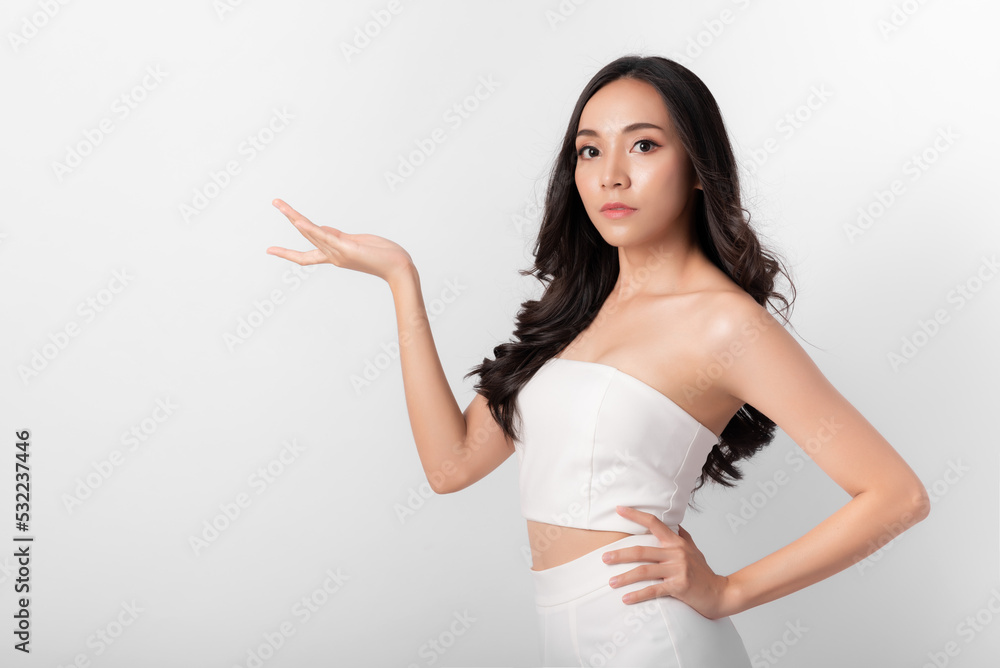 Portrait of Attractive Beauty Asian Women in Fashion Posing with Smiling Face Wearing White Dress on White Background for Cosmetic or Healthcare Portrait of Attractive Beauty Asian Women in Fashion Posing with Smiling Face Wearing White Dress on White Background for Cosmetic or Healthcare