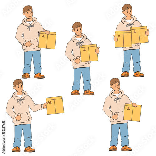A set of illustrations of a young man, a courier. Holds an envelope, a package in his hand. The concept of fast delivery of parcels to the house. Parcel delivery stock vector illustration. 