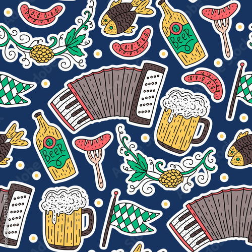 Oktoberfest holiday celebration accordion and beer vector color seamless pattern. German October national festival, brewery Bavarian fest. 