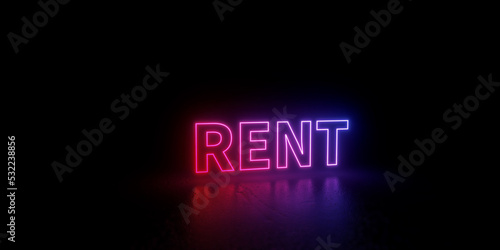 Rent word text 3d rendered outline neon style illustration isolated on black background