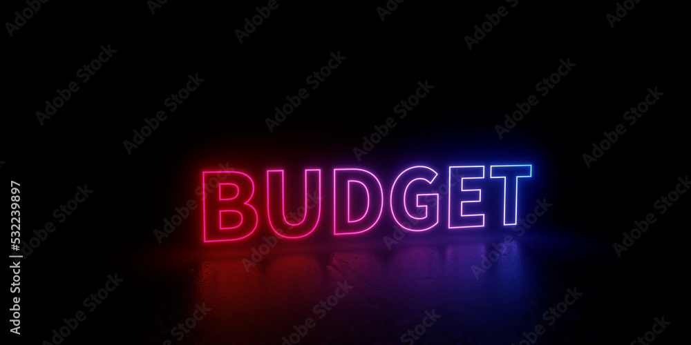 Budget word text 3d rendered outline neon style illustration isolated on black background