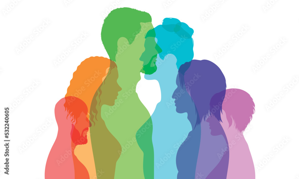 Multiracial people in a multicultural society. Abstract cartoon head face of a diverse group of people in profile. Friendship between diverse people of different ethnicities.