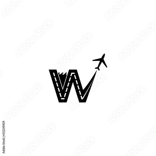alphabet illustration of the letter W with roads, airports, seas, waves, runways and planes