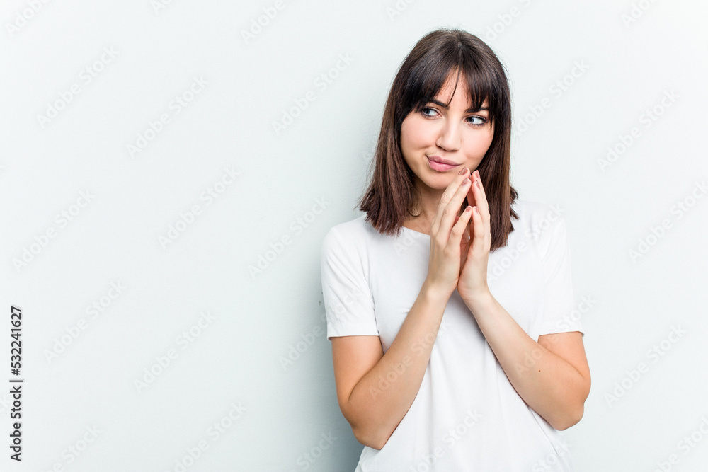 Young caucasian woman isolated on white background making up plan in mind, setting up an idea. Young caucasian woman isolated on white background making up plan in mind, setting up an idea.
