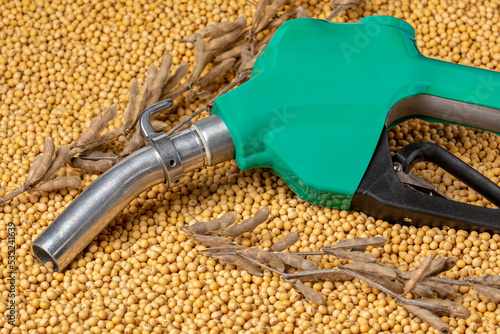 Diesel fuel nozzle and soybeans. Biodiesel, biofuel, agriculture and renewable clean energy concept. 