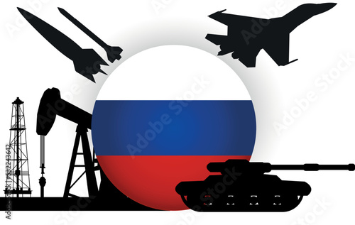 Russia flag badge with oil pump, tank,  missile,  fighter vector