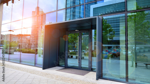 Glass windows and sidewalks in office buildings.