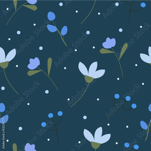 Seamless floral pattern on deep blue background, isolated. © Kuroneko