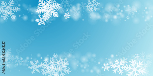Subtle falling snow flakes backdrop. Snowfall dust freeze particles. Snowfall weather white teal blue pattern. Flat snowflakes february vector. Snow cold season scenery.