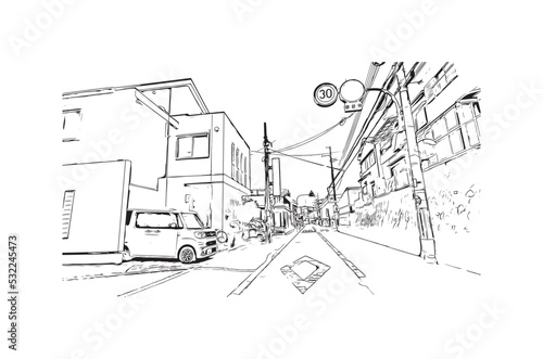 Building view with landmark of Osaka is the 
city in Japan. Hand drawn sketch illustration in vector.