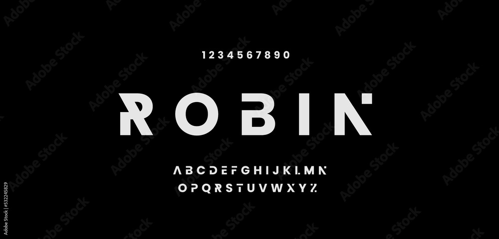 Robin minimal modern alphabet fonts for logo. Typography technology electronic digital music future creative font. vector illustration Robin minimal modern alphabet fonts for logo. Typography technology electronic digital music future creative font. vector illustration