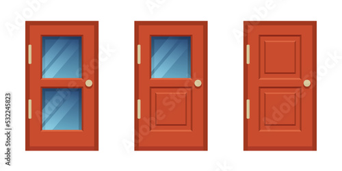 Door set. Wooden doors with glass and without glass. 
Vector clipart isolated on white background.