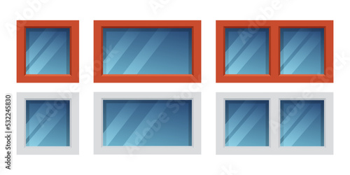 Windows with plastic and wooden frames. Windows set. Vector clipart isolated on white background.