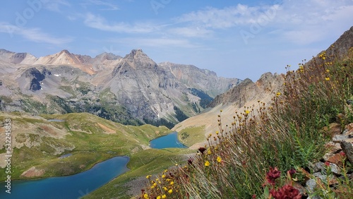 View of Upper and Middle Blue Lake surrounded by fields and mountains, Mount Sneffels Wilderness, Colorado, Colorado