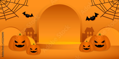 Halloween orange theme product display podium on graphic background. Cloud, pumpkin, bat,  spider net elements.