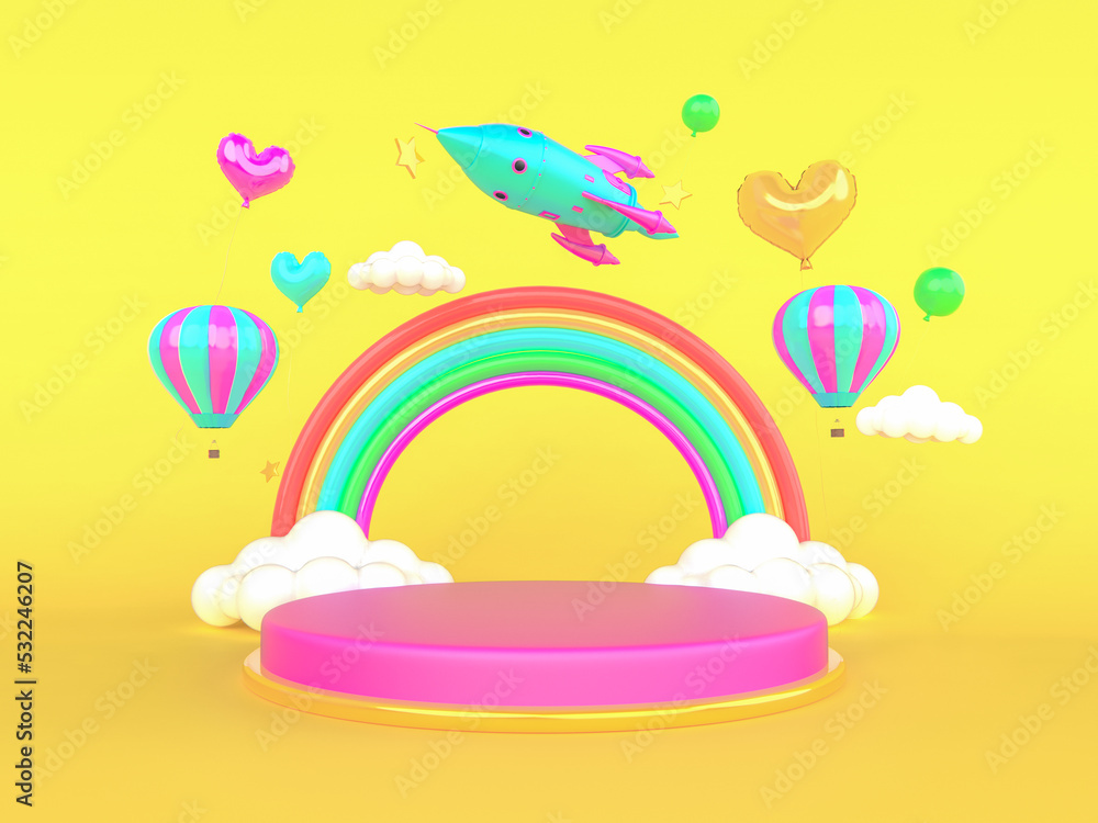 DIA DAS CRIANÇAS PODIUM 3D, PÓDIO, COMEMORAÇÃO FOGUETE BALÕES COLORIDOS 