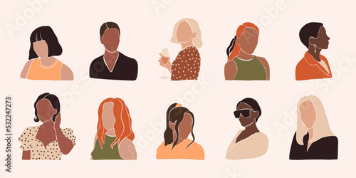 Abstract women portraits. Minimalist girl heads different hairstyles contemporary female avatars. Vector isolated set